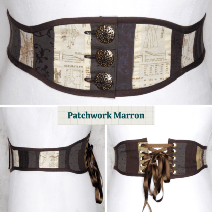 Grille de 3 photos d'une ceinture corsetée en patchwork de tissus marrons. Tout en haut, la grande image représente le devant de la ceinture. Elle est composée de bandes de tissus dans les tons bruns, et se ferme au milieu à l'aide de 3 boutons en laiton doré. En dessous, il est noté le modèle "Patchwork Marron". L'image en bas à gauche représente la ceinture vue de profil, et celle de droite la ceinture vue de dos. Au milieu dos se trouve un laçage qui permet d'ajuster la ceinture à sa morphologie.